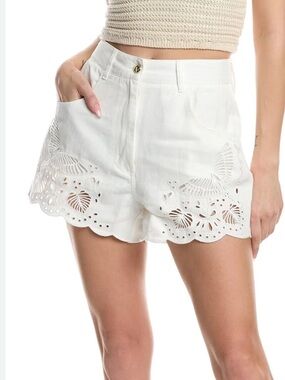 FARM Rio White Eyelet Scallop-Hem High-Rise Shorts